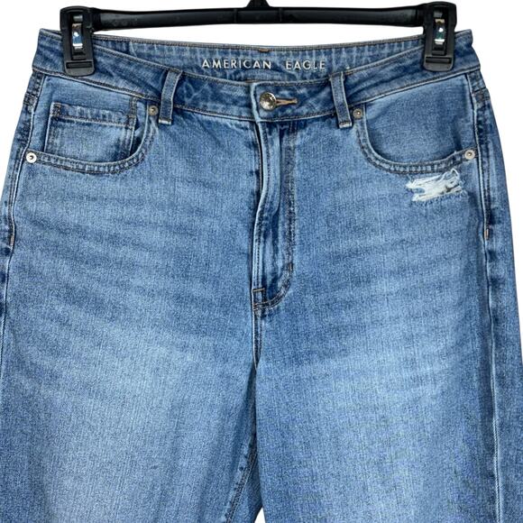 American Eagle SZ 12 Mom Jeans Distressed Rips Hi-Rise Zip-Fly Medium Wash Blue - Picture 2 of 12